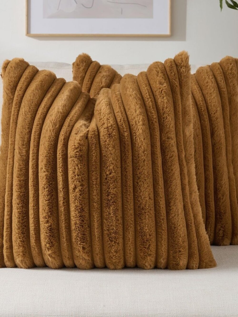 Pack of 2 Faux Rabbit Fur Throw Pillow Covers 18x18 Inch,Camel